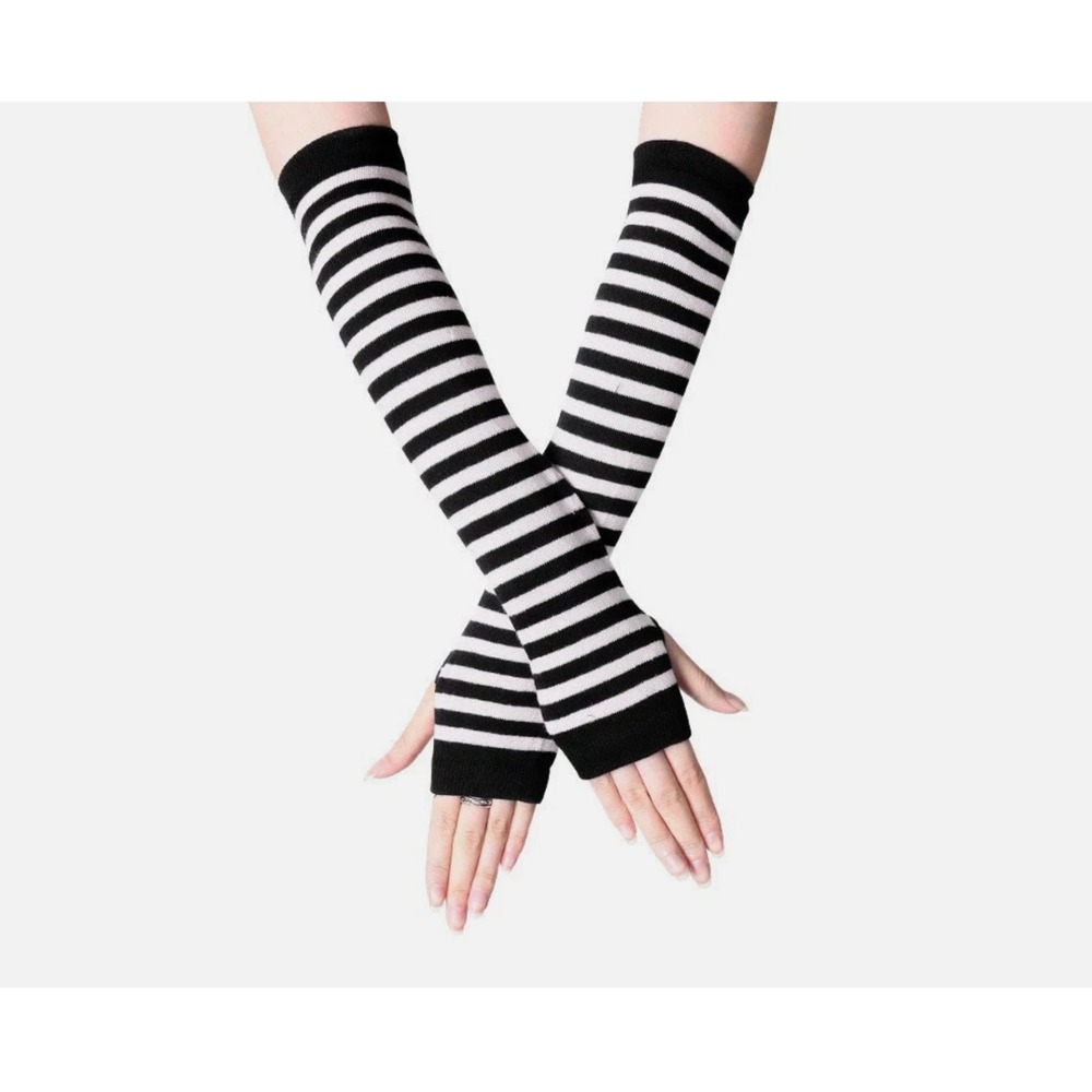 Women Punk Gothic Long Arm Warmers Striped Fingerless Gloves Winter Wrist Warmer